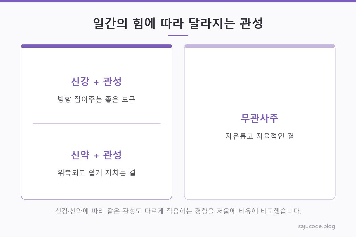 신강한 일간과 신약한 일간에서 관성이 각각 어떻게 다르게 작용하는지 저울과 무게추 비유로 비교한 카드형 도해