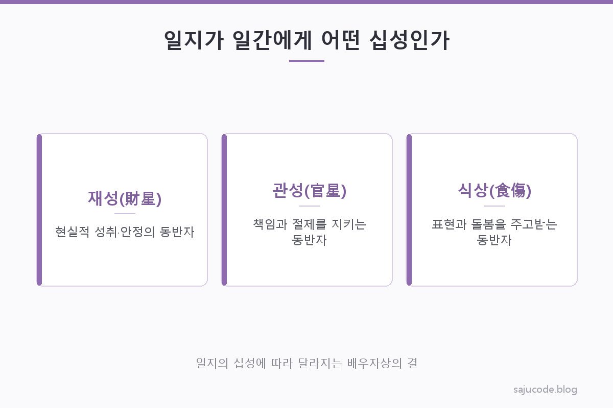 일지가 일간에게 재성·관성·식상 가운데 무엇에 해당하는지에 따라 배우자상의 결이 달라진다는 것을 보여 주는 개념도