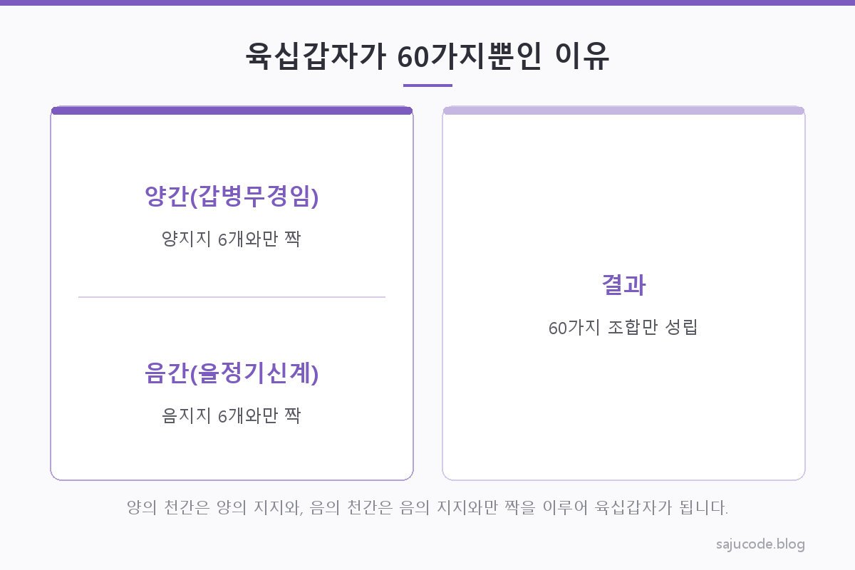 천간 10글자와 지지 12글자가 양은 양끼리 음은 음끼리만 짝지어 60가지 조합이 되는 원리를 보여주는 도해