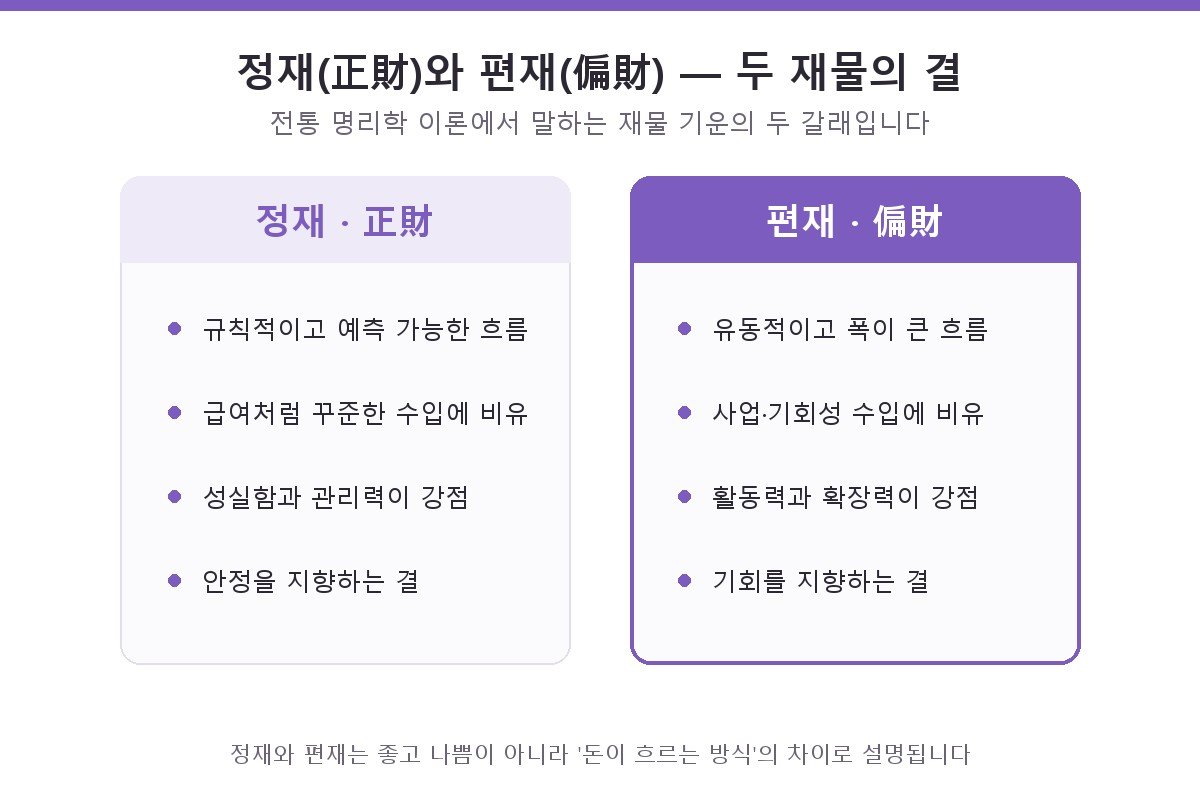 정재와 편재를 나란히 비교한 카드형 도해 — 정재는 규칙적이고 예측 가능한 흐름, 편재는 유동적이고 폭이 큰 흐름으로 정리되어 있다