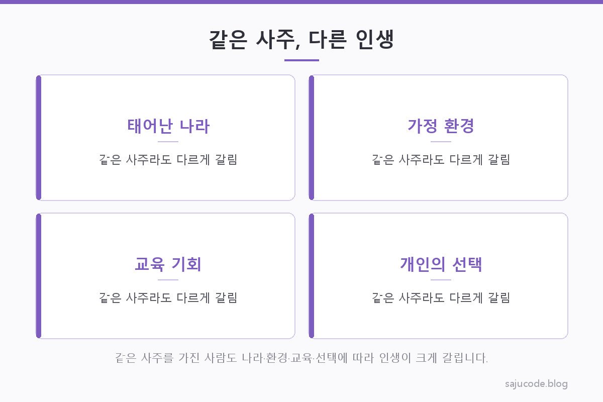 같은 시각에 태어난 여러 사람이 서로 다른 나라·환경·인생 경로를 걷는 모습을 나뭇가지처럼 갈라지는 구조로 표현한 개념도 — 동기이명(同氣異命) 설명용