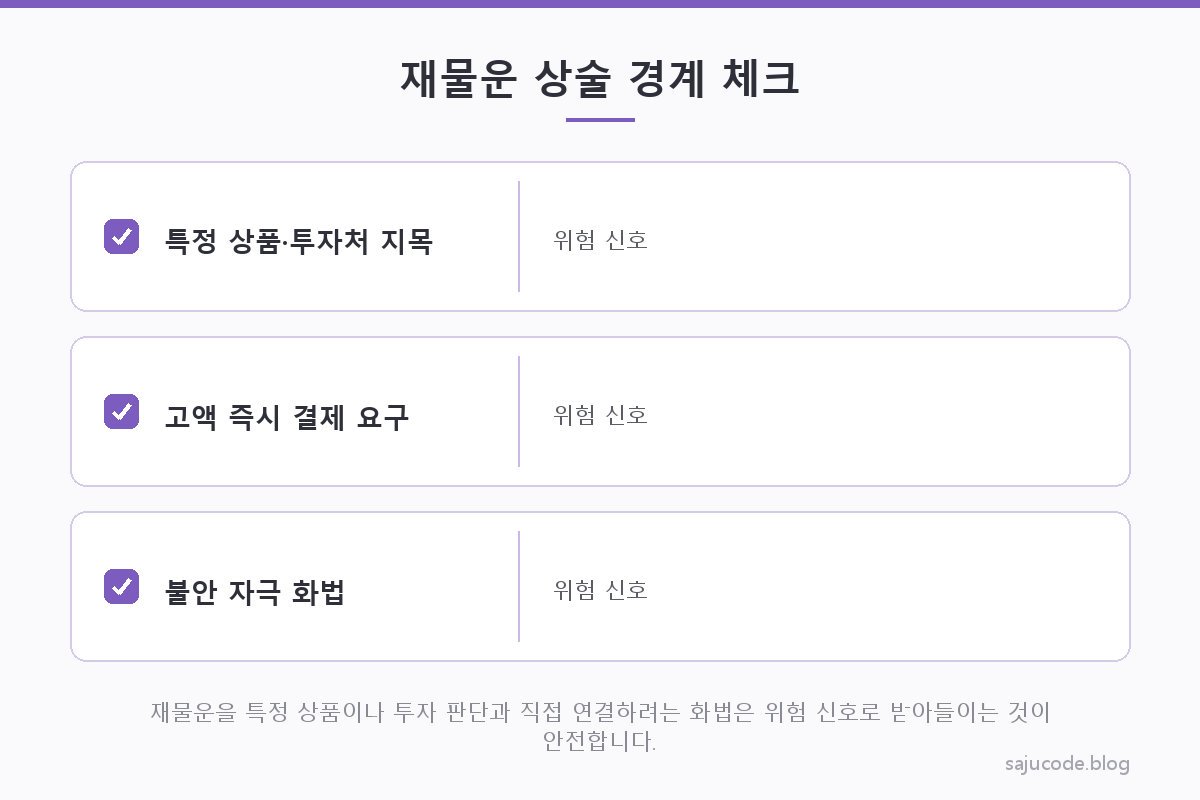 재물운을 앞세운 상술을 가려내는 경계 체크리스트 도해 — 특정 상품·투자처 지목, 고액 즉시 결제 요구, 불안 자극 화법 등 위험 신호를 카드로 정리