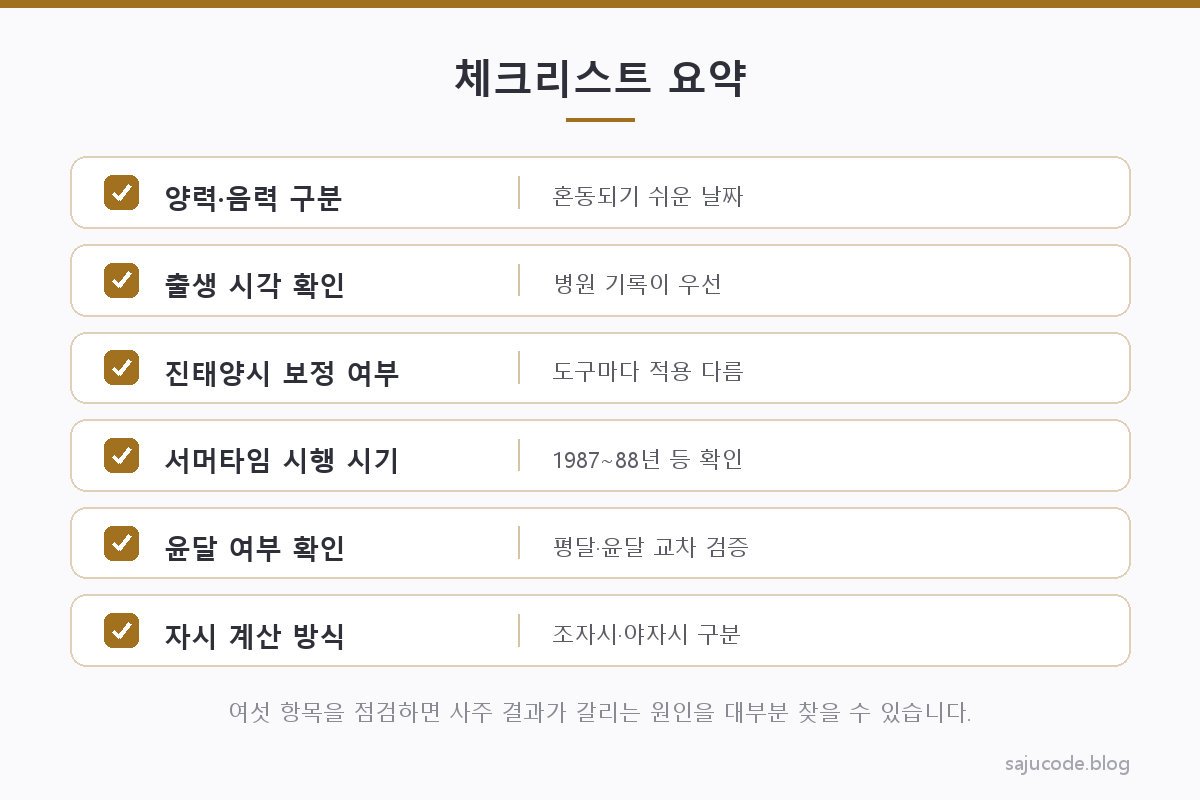 위 여섯 항목 체크리스트를 한 장의 카드로 요약한 시각 정리 도해(체크박스 아이콘과 짧은 문구로 구성)