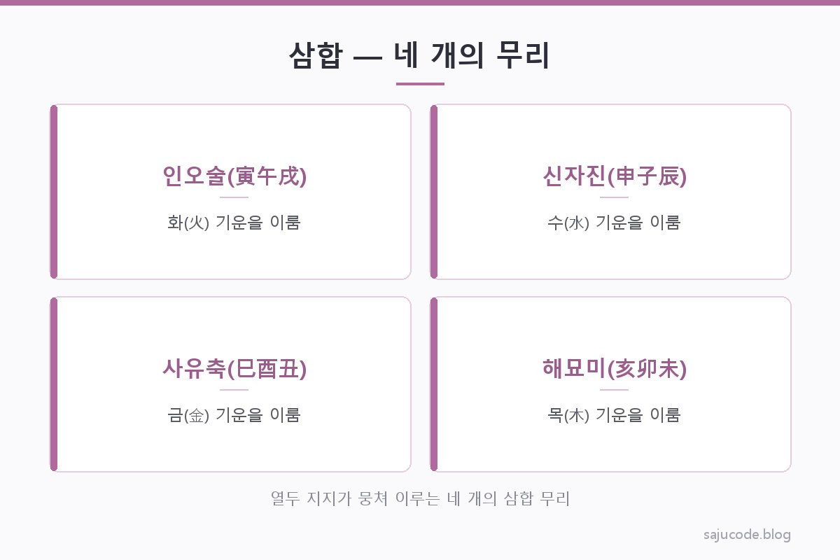 열두 지지를 인오술(화)·신자진(수)·사유축(금)·해묘미(목) 네 개의 삼각형 무리로 묶어 각 무리가 이루는 오행을 함께 표시한 도해